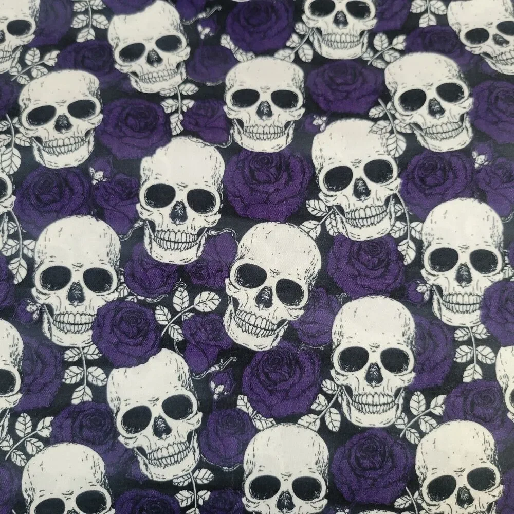 Halloween Trad Goth Style Queen 6pc Sheets Set Black White Skulls Purple Roses